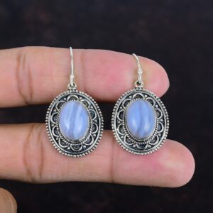 Blue Lace Agate Earrings: Handmade 925 Sterling Silver Vintage Design