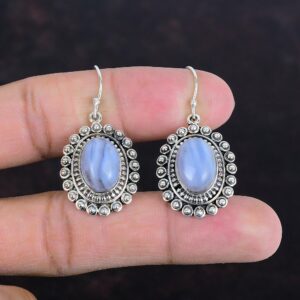 Blue Lace Agate Earrings: Handmade 925 Sterling Silver Vintage Style