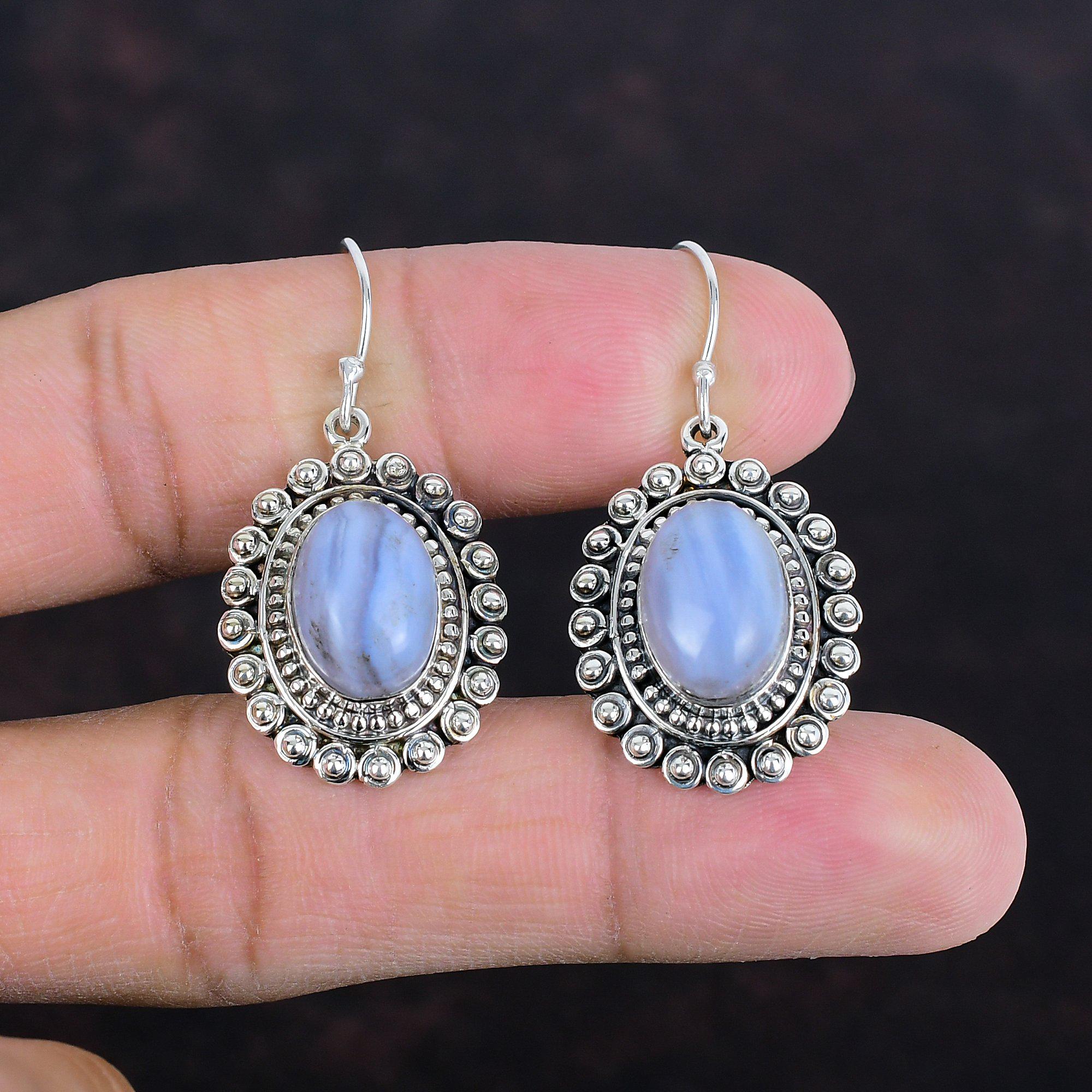 Blue Lace Agate Earrings: Handmade 925 Sterling Silver Vintage Style