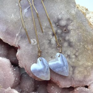 Blue Lace Agate Heart Earrings: 14kt Gold Fill Threader Dangles
