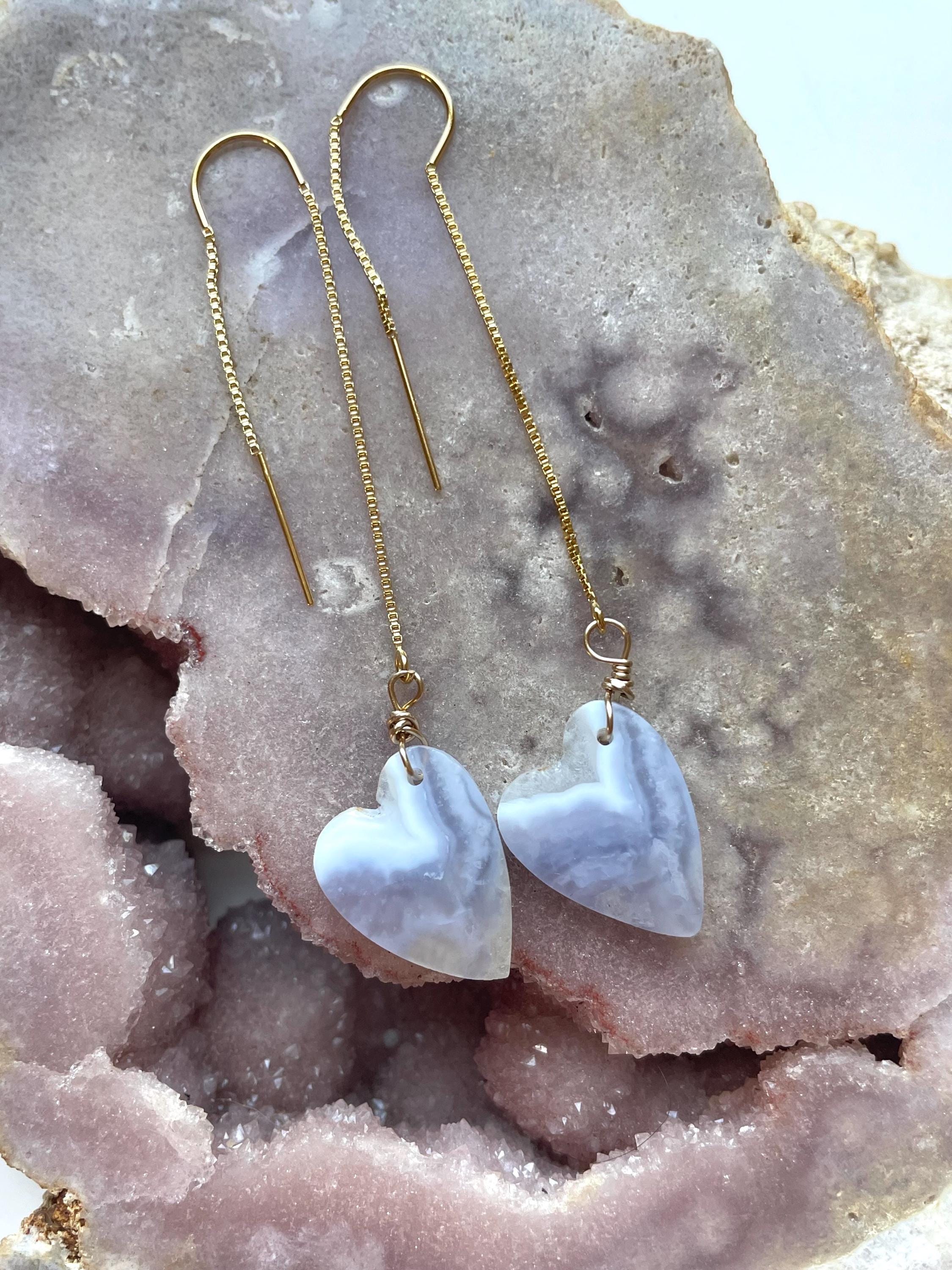 Blue Lace Agate Heart Earrings: 14kt Gold Fill Threader Dangles