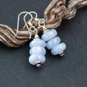 Blue Lace Agate Earrings, Icy Blue Natural Stone Dangles, 925 Sterling Silver French Ear Wires