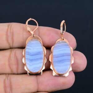 Blue Lace Agate Earrings, Natural Blue Lace Agate Jewelry, Pure Copper Earrings,  Lever Back Earrings, Copper Jewelry Crystal Earring Gifts