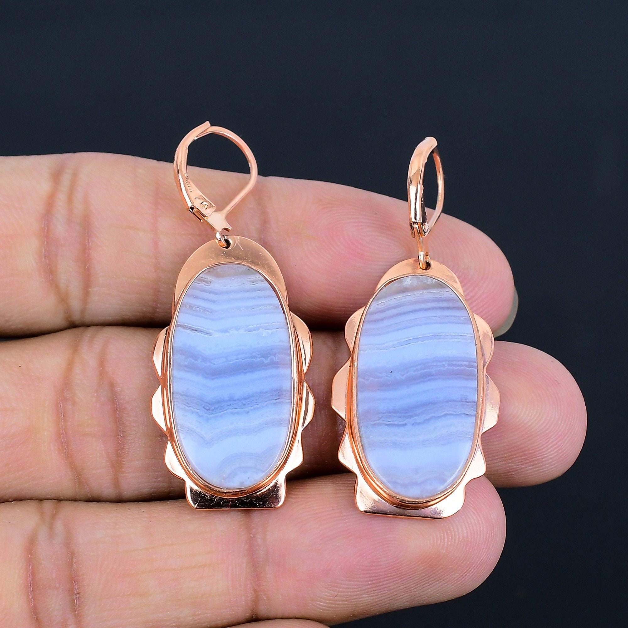 Blue Lace Agate Earrings, Natural Blue Lace Agate Jewelry, Pure Copper Earrings,  Lever Back Earrings, Copper Jewelry Crystal Earring Gifts