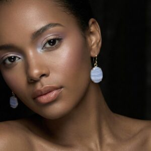 Blue Lace Agate Earrings • Oval Gemstone • 14k Gold Setting
