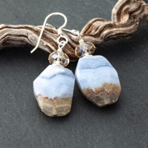 Blue Lace Agate Earrings, Raw Edge Natural Stone & Premium Crystals, Beige and Blue Dangles, 925 Sterling Silver