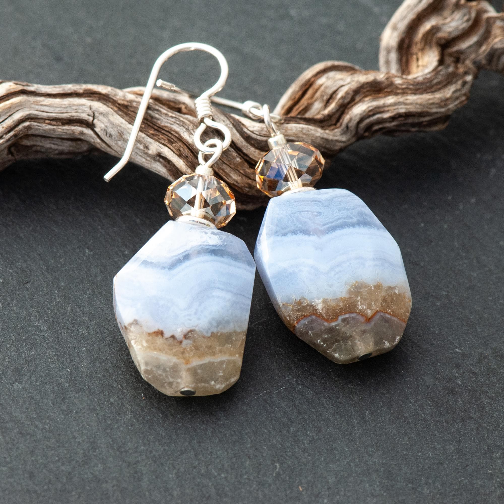 Blue Lace Agate Earrings, Raw Edge Natural Stone & Premium Crystals, Beige And Blue Dangles, 925 Sterling Silver