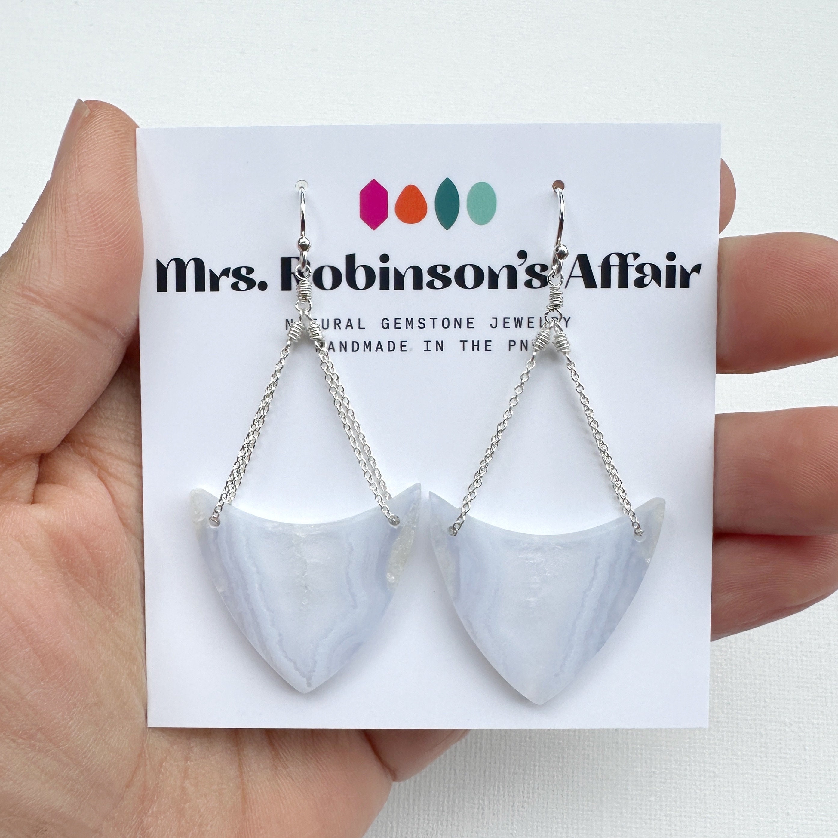 Blue Lace Agate Silver Earrings, Triangle Shaped Natural Gemstone, Large Stone Shape, Made In Seattle Local, Periwinkle Gemstone Gift