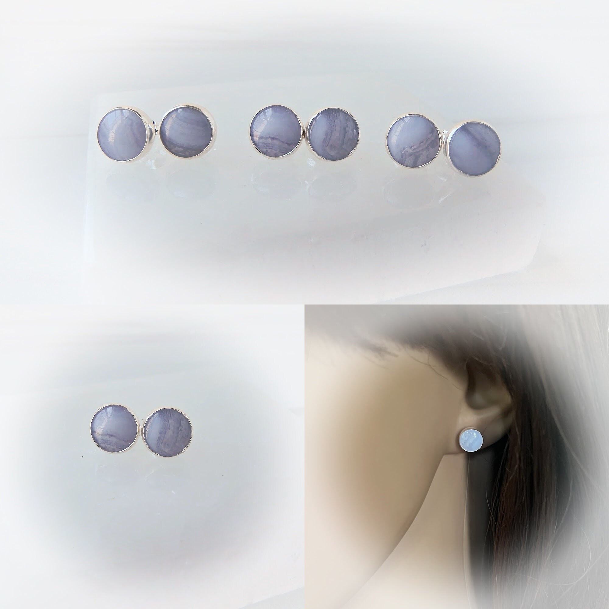 Blue Lace Agate Earrings Sterling Silver • Gemstone Stud Earrings