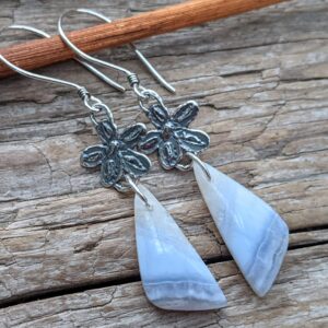 Blue Lace Agate Sterling Silver Flower Dangle Earrings, Gift