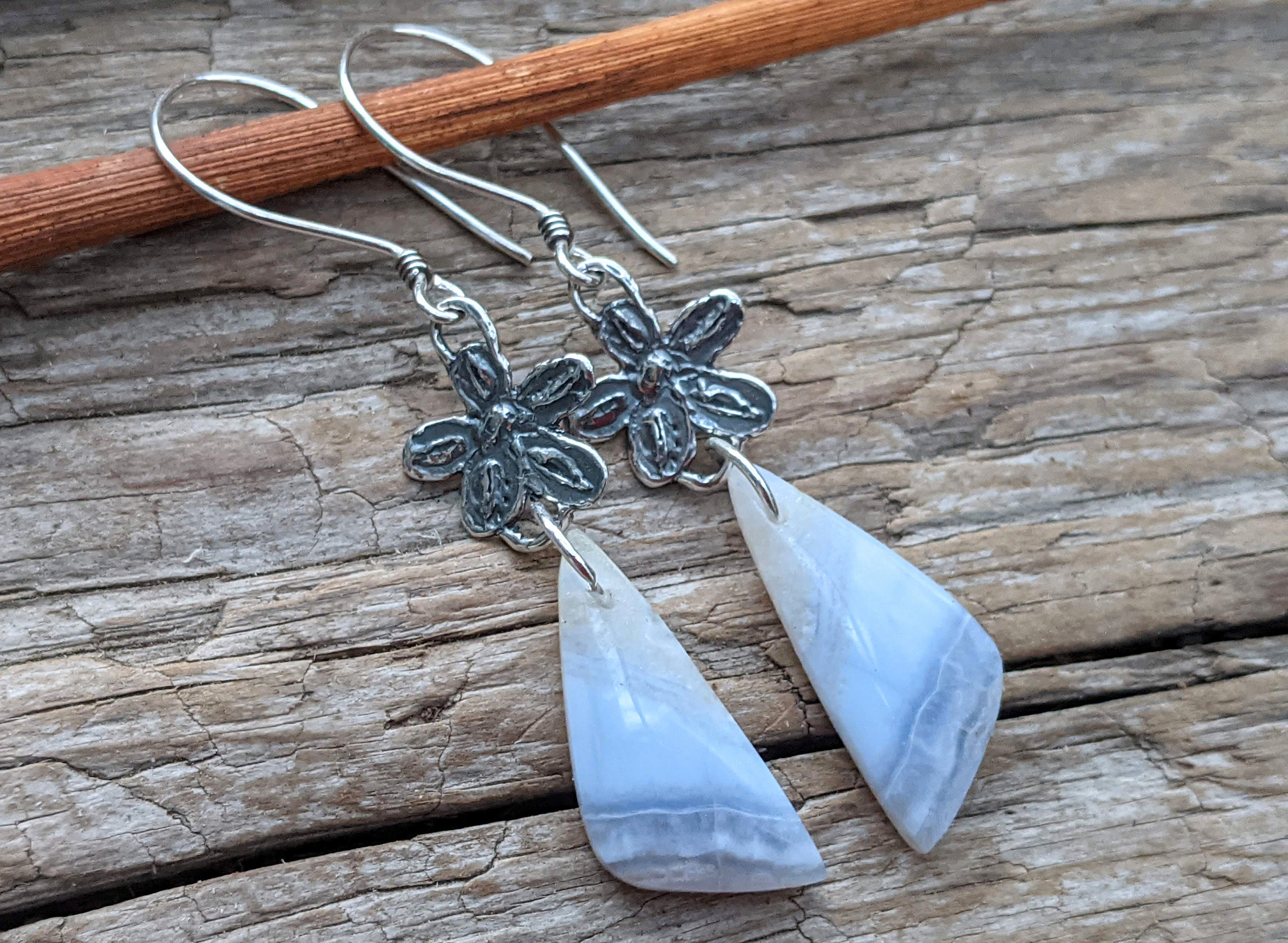 Blue Lace Agate Sterling Silver Flower Dangle Earrings, Gift