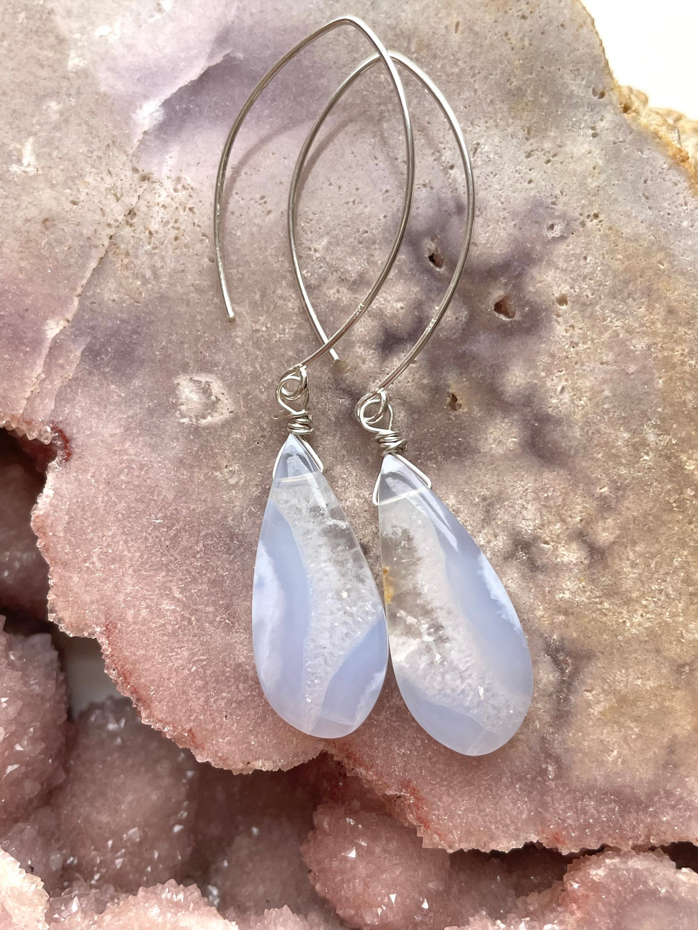 Blue Lace Agate Sterling Silver Dangle Earrings: Handmade Statement Jewelry Blue Lace Agate Sterling Silver Dangle Earrings: Handmade Statement Jewelry