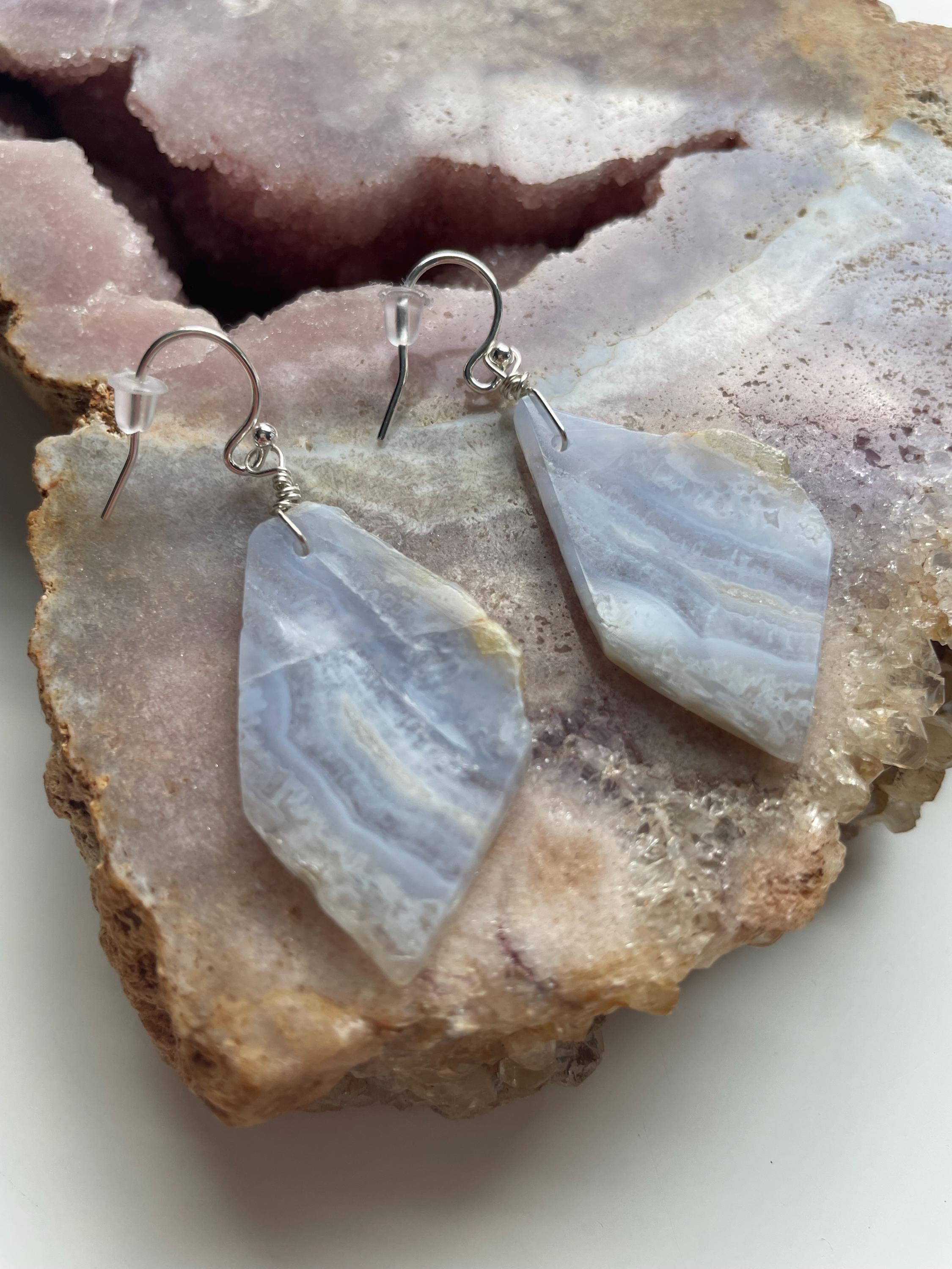 Blue Lace Agate Sterling Silver Statement Earrings, Silverearrings, Raw Stone Earrings, Drop Earrings, Dangle Earrings, Gift For Women Blue Lace Agate Sterling Silver Statement Earrings, Silverearrings, Raw Stone Earrings, Drop Earrings, Dangle Earrings, Gift For Women