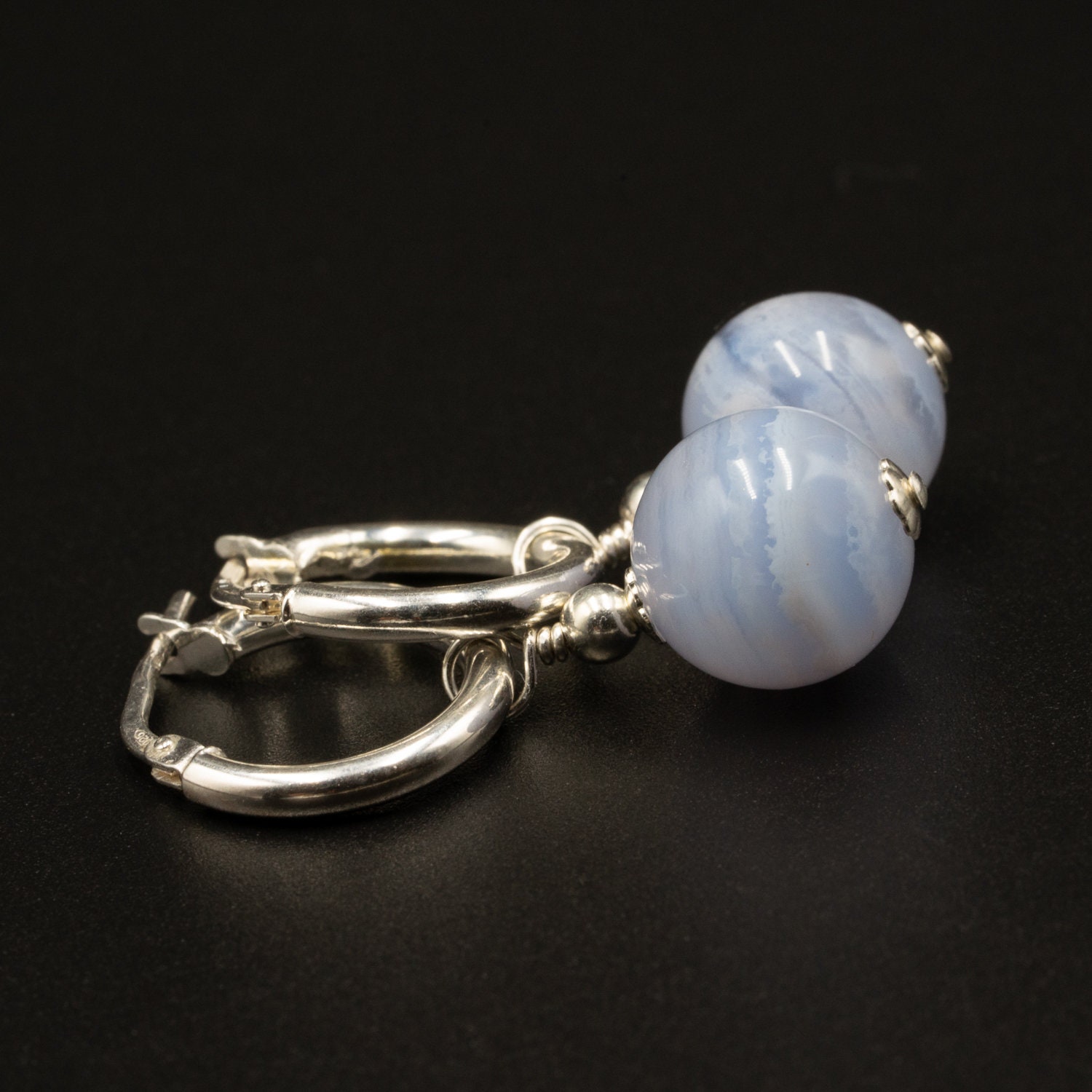 Blue Lace Agate Sterling Silver Handmade Gemstone Hoop Drop Earrings : Gemini Gift