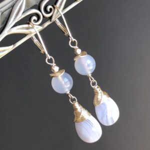 Blue Lace Agate Earrings Sterling Silver Wire Wrapped Natural Gemstone Bohemian Statement Long Dangle Drops Birthday Holiday Gift Her 7449