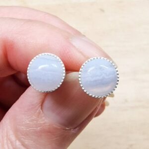 Blue Lace Agate Stud Earrings, Round 925 Sterling Silver Gemini Jewelry
