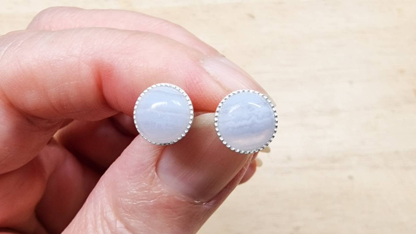 Blue Lace Agate Stud Earrings, Round 925 Sterling Silver Gemini Jewelry