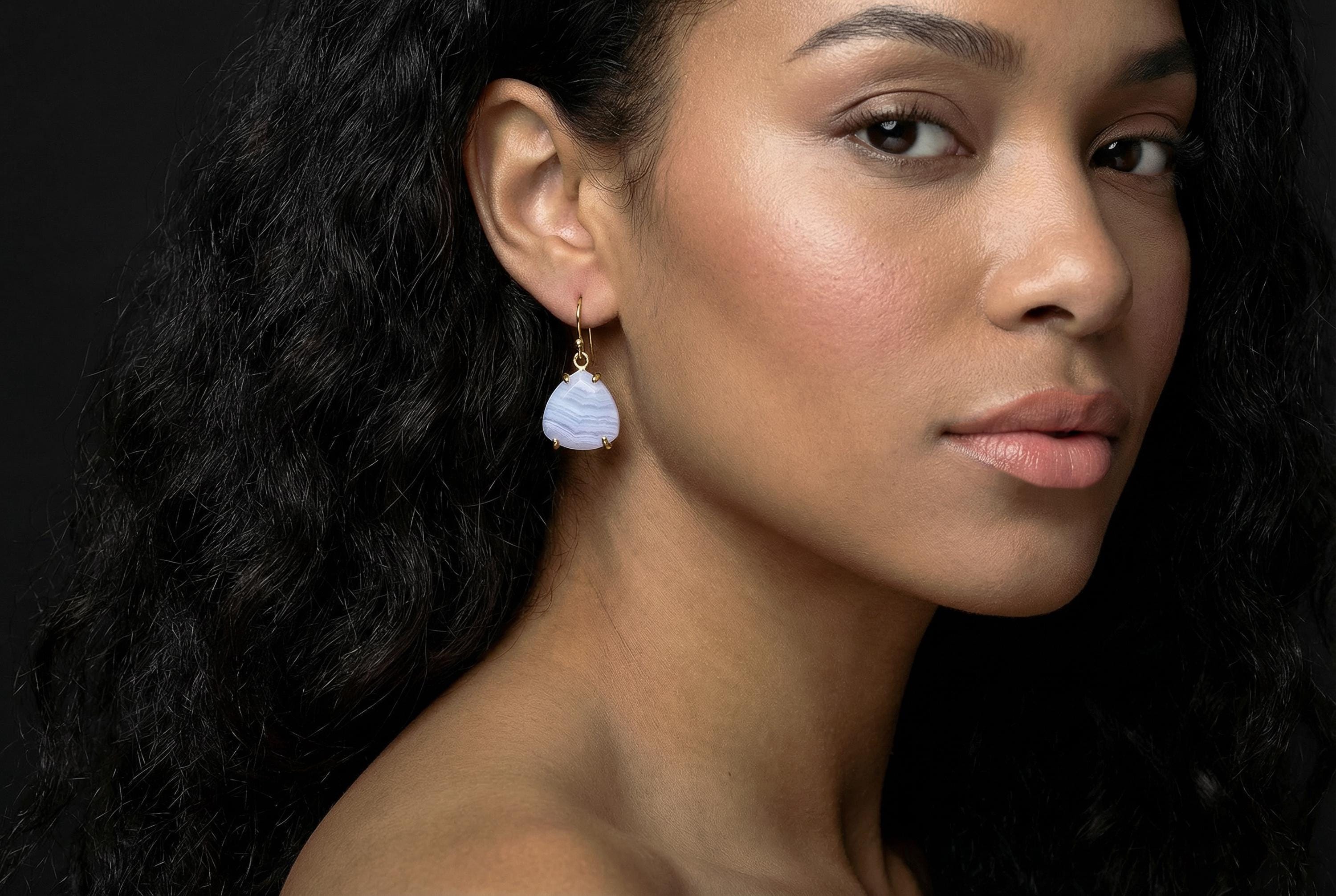 Blue Lace Agate Earrings • Trillion 14k Gold Dangle Earrings