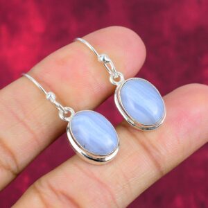 Unique Blue Lace Agate Gemstone Earrings, 925 Sterling Silver Jewelry, Statement Stylish Silver Earrings Handmade Hook Earrings For Gift