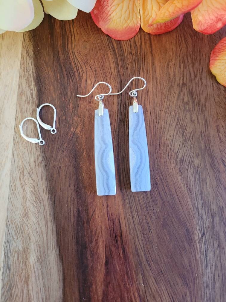 Unique Blue Lace Agate Earrings. Available In Silver Only