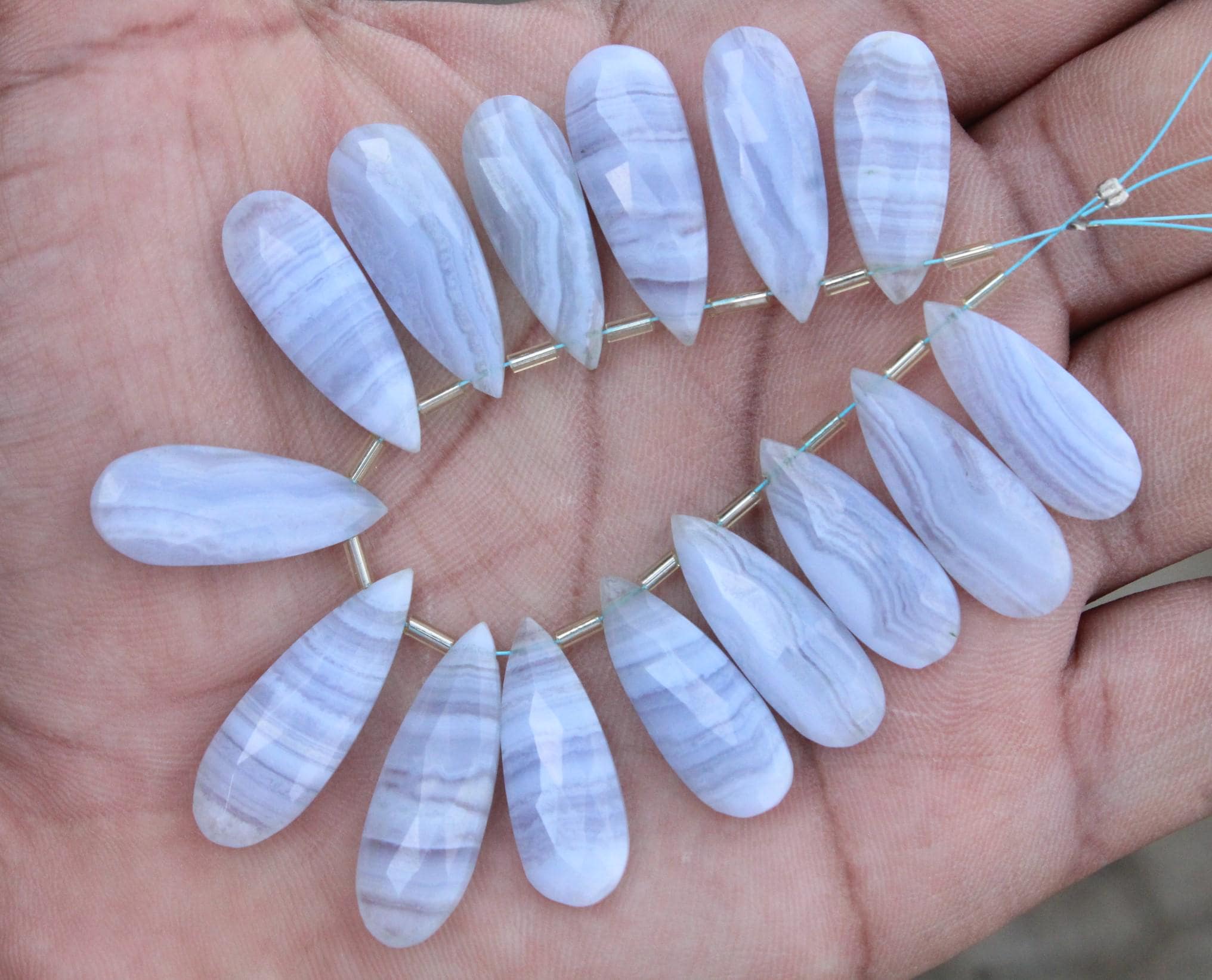 Blue Lace Agate Gemstone Faceted Briolette's Pear Shape Gemstone Beads 15 Pieces I Size- 9x25--10x29 Mm App. Jewelry Setting I Sale [057]