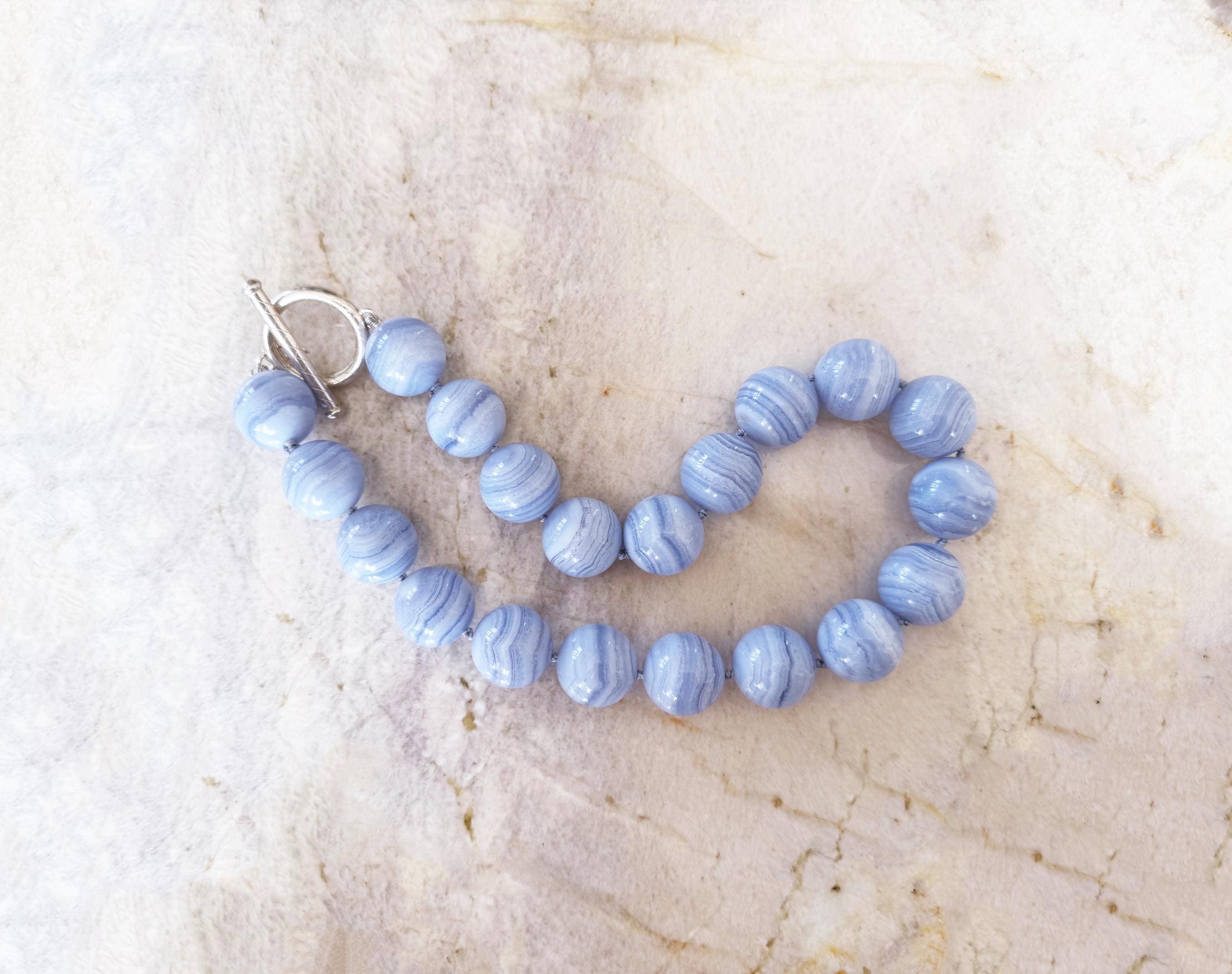 Blue Lace Agate Necklace – 20mm Sterling Silver Toggle, Usa Hand Knotted Blue Lace Agate Necklace – 20mm Sterling Silver Toggle, Usa Hand Knotted