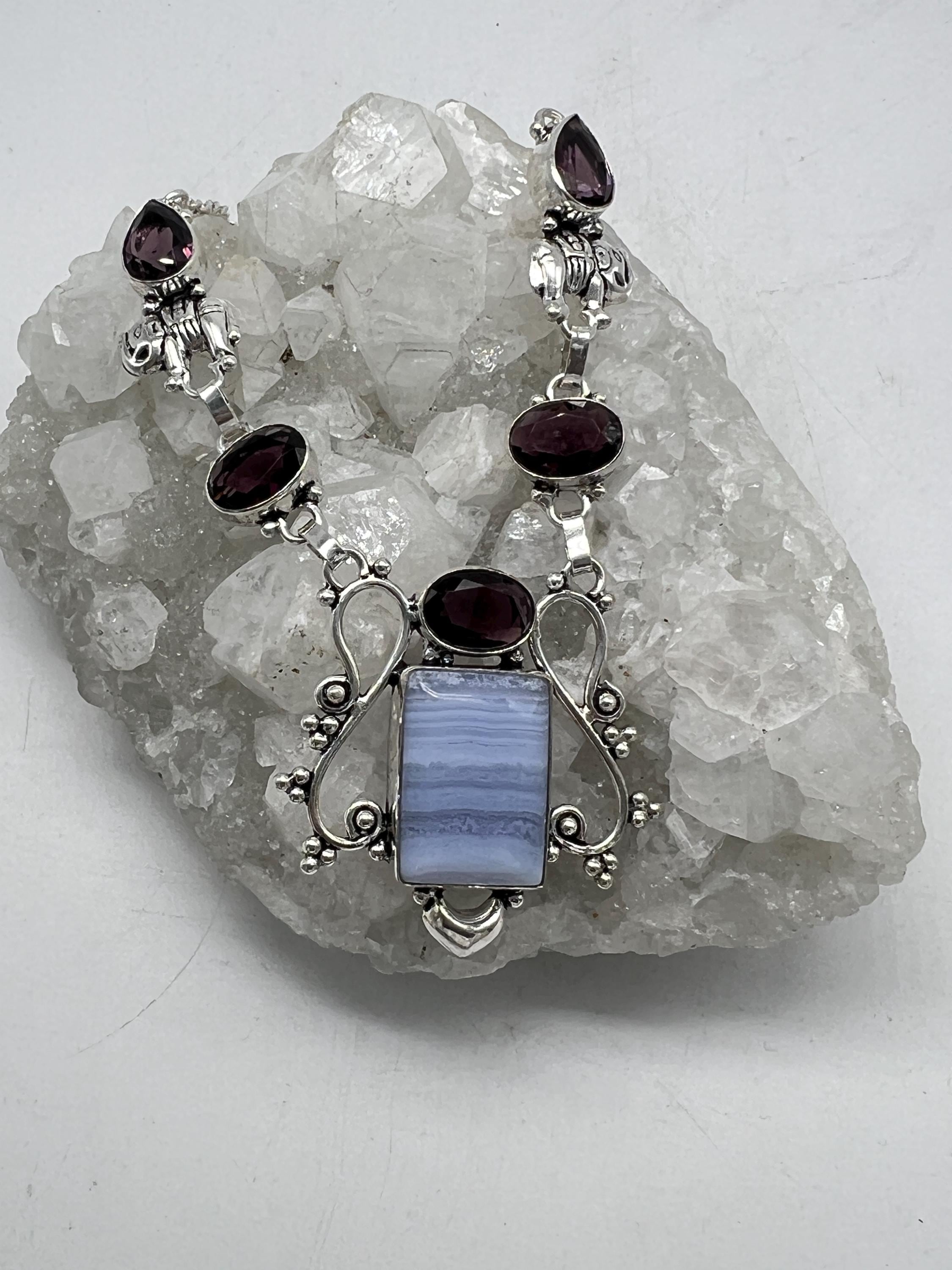 Blue Lace Agate And Purple Crystal Necklace Blue Lace Agate And Purple Crystal Necklace