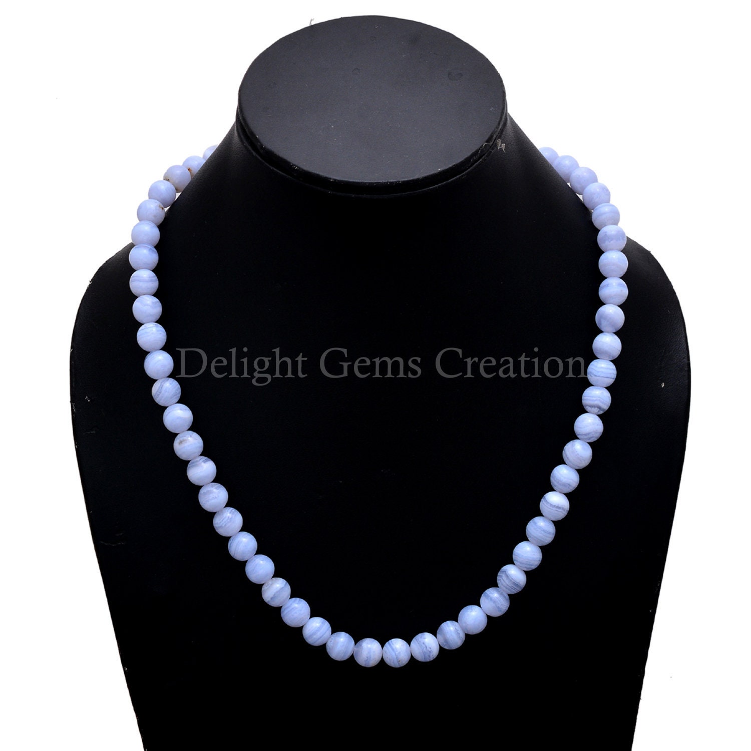 Blue Lace Agate Beaded Necklace, 7mm Smooth Round Beads