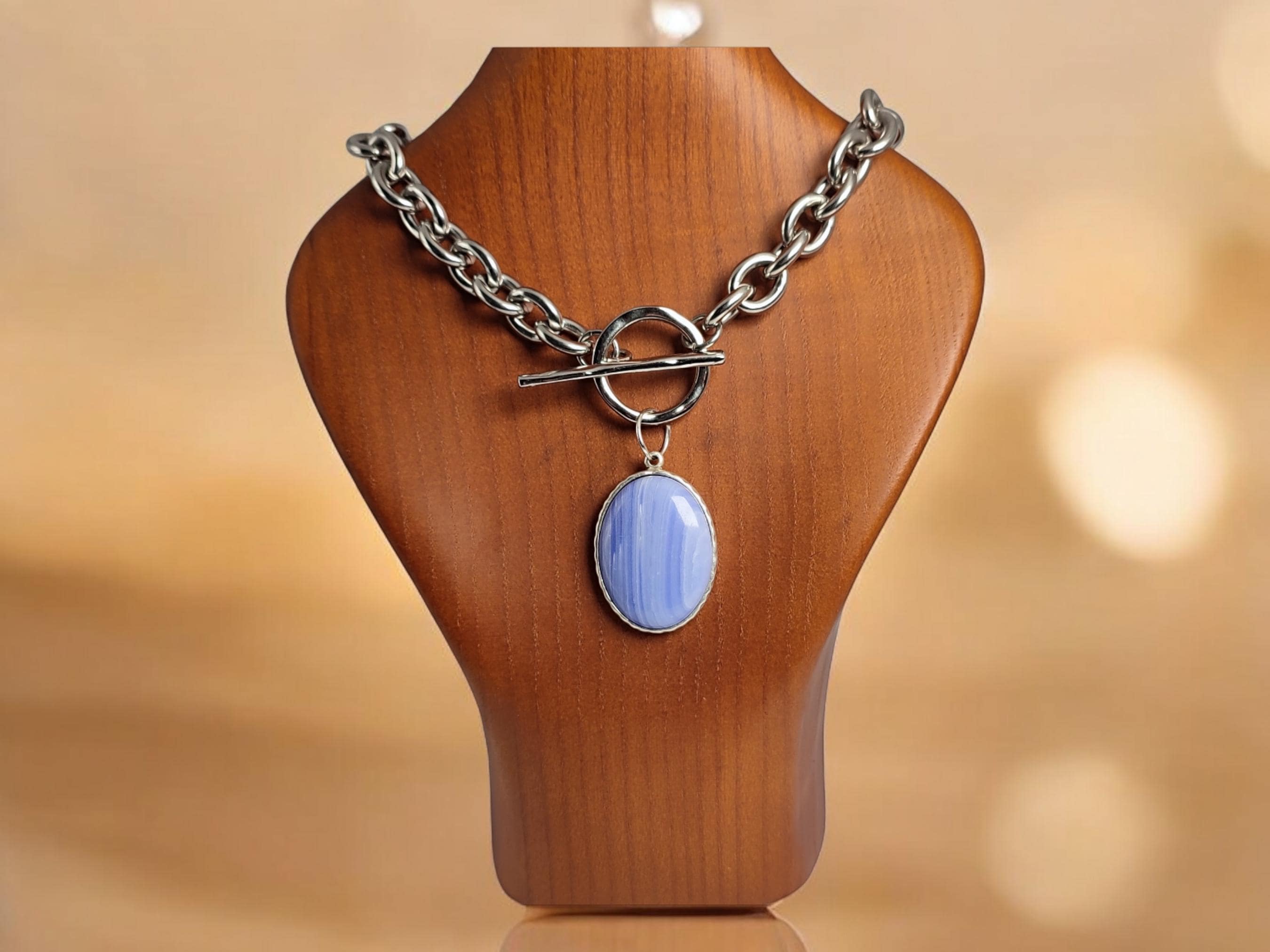 Blue Lace Agate Chunky Statement Necklace With T Bar Fastener: Large Link Chain Necklace