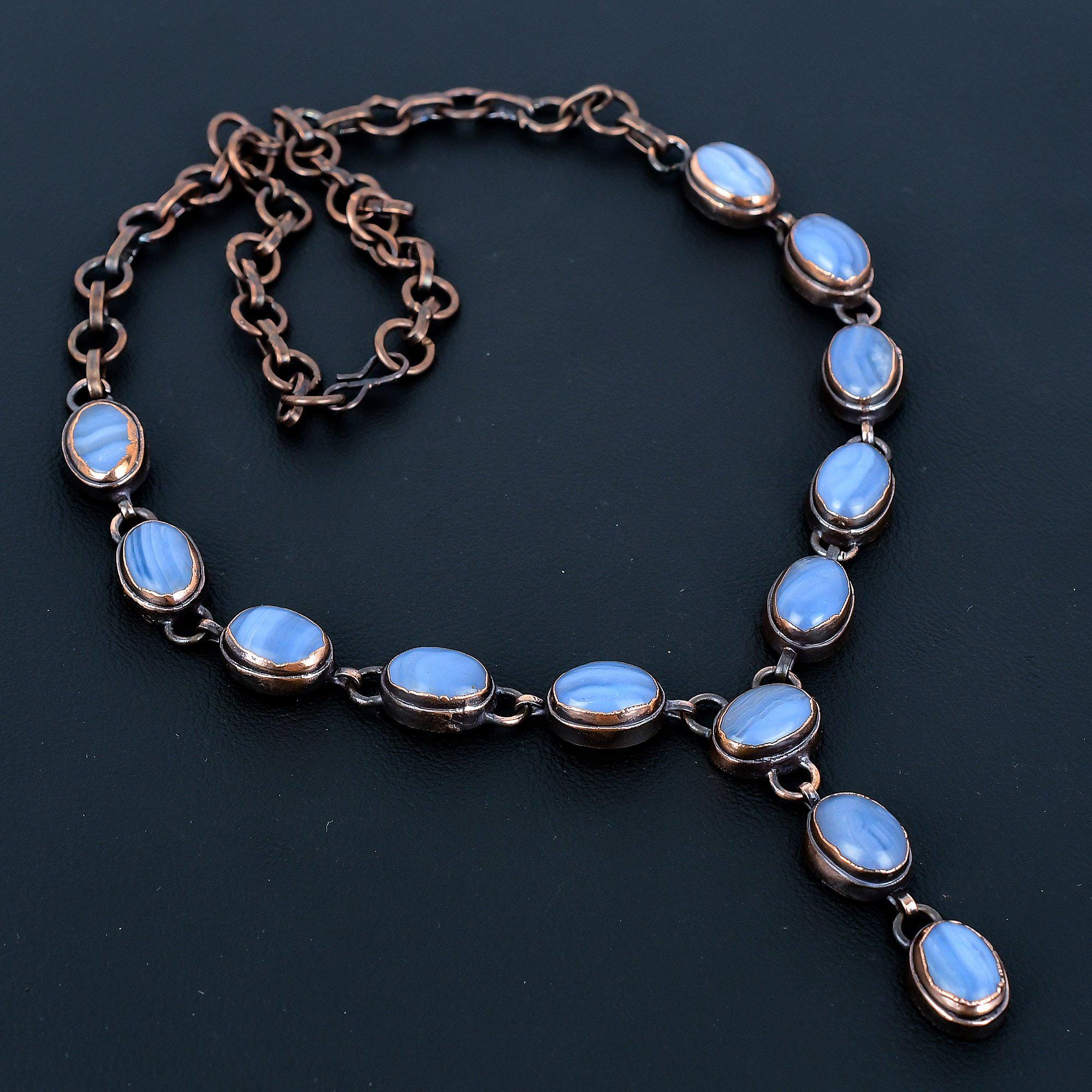 Electroformed Copper Blue Lace Agate Necklace - Handmade Gemstone Jewelry