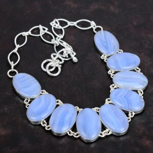 Blue Lace Agate Necklace: Handmade 925 Sterling Silver Adjustable Chain Blue Lace Agate Necklace: Handmade 925 Sterling Silver Adjustable Chain