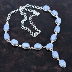 Blue Lace Agate Necklace, Handmade Sterling Silver Adjustable Chain Blue Lace Agate Necklace, Handmade Sterling Silver Adjustable Chain