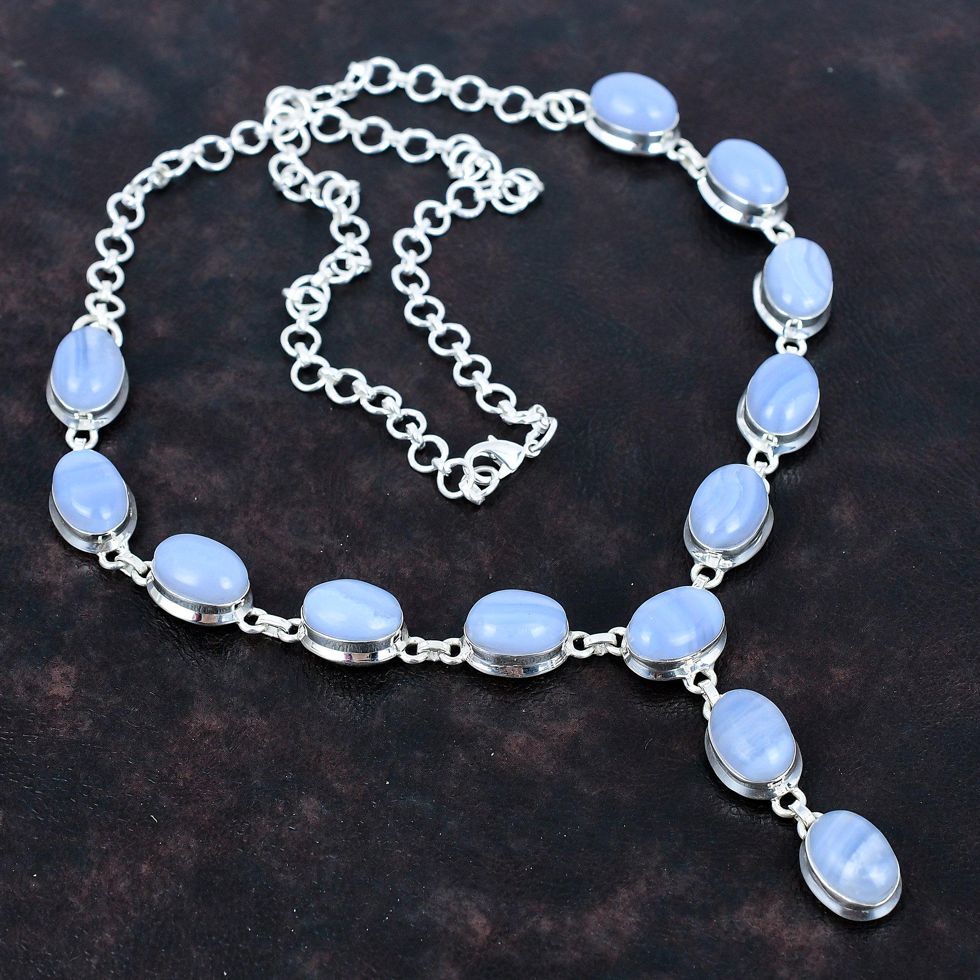 Blue Lace Agate Necklace, Handmade Sterling Silver Adjustable Chain Blue Lace Agate Necklace, Handmade Sterling Silver Adjustable Chain