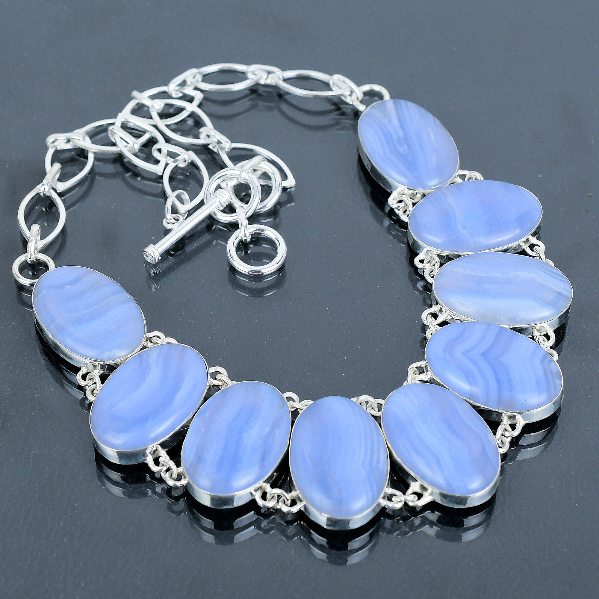 Handmade Blue Lace Agate 925 Sterling Silver Necklace - Adjustable Chain