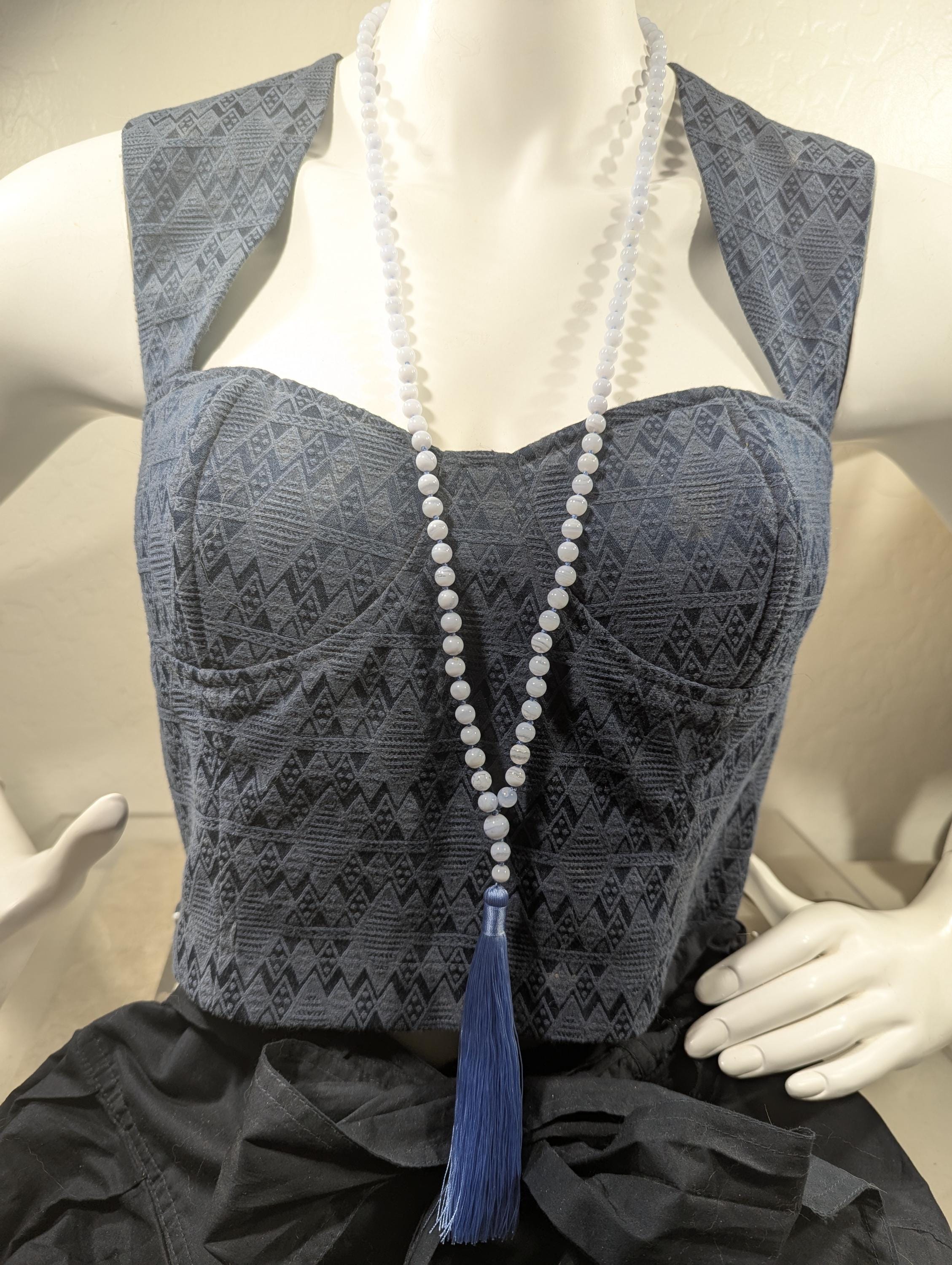 Blue Lace Agate Mala • 6mm • 108+1 • Hand Knotted 108 Beads • Calm Communication • Counselor Deanna Troi Inspired • Gentle Peace • 6501 Blue Lace Agate Mala • 6mm • 108+1 • Hand Knotted 108 Beads • Calm Communication • Counselor Deanna Troi Inspired • Gentle Peace • 6501
