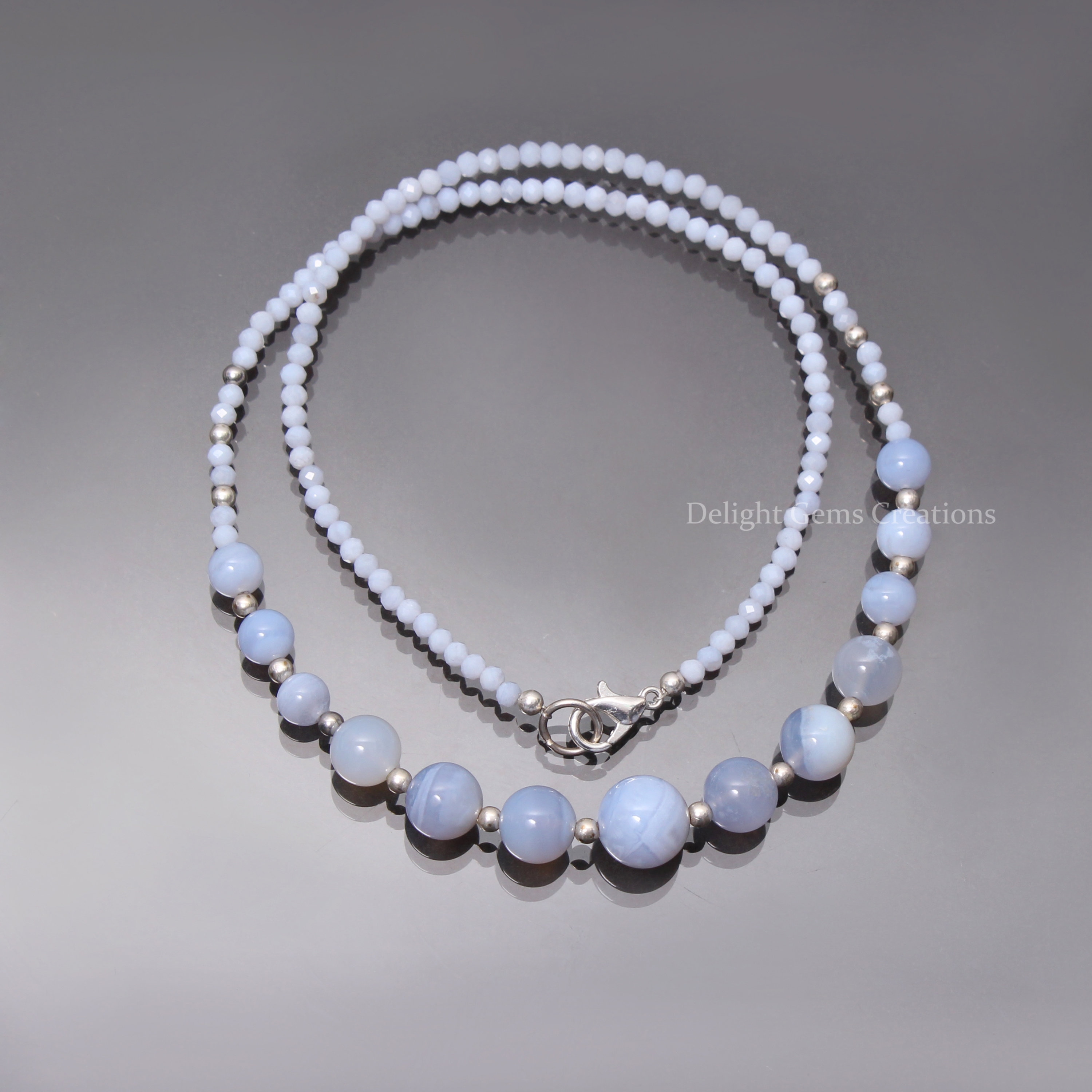 Natural Blue Lace Agate Beaded Necklace, 3-10mm Blue Agate Smooth & Faceted Round Beads Necklace, Blue Agate Jewelry, Women's, Gift For Her