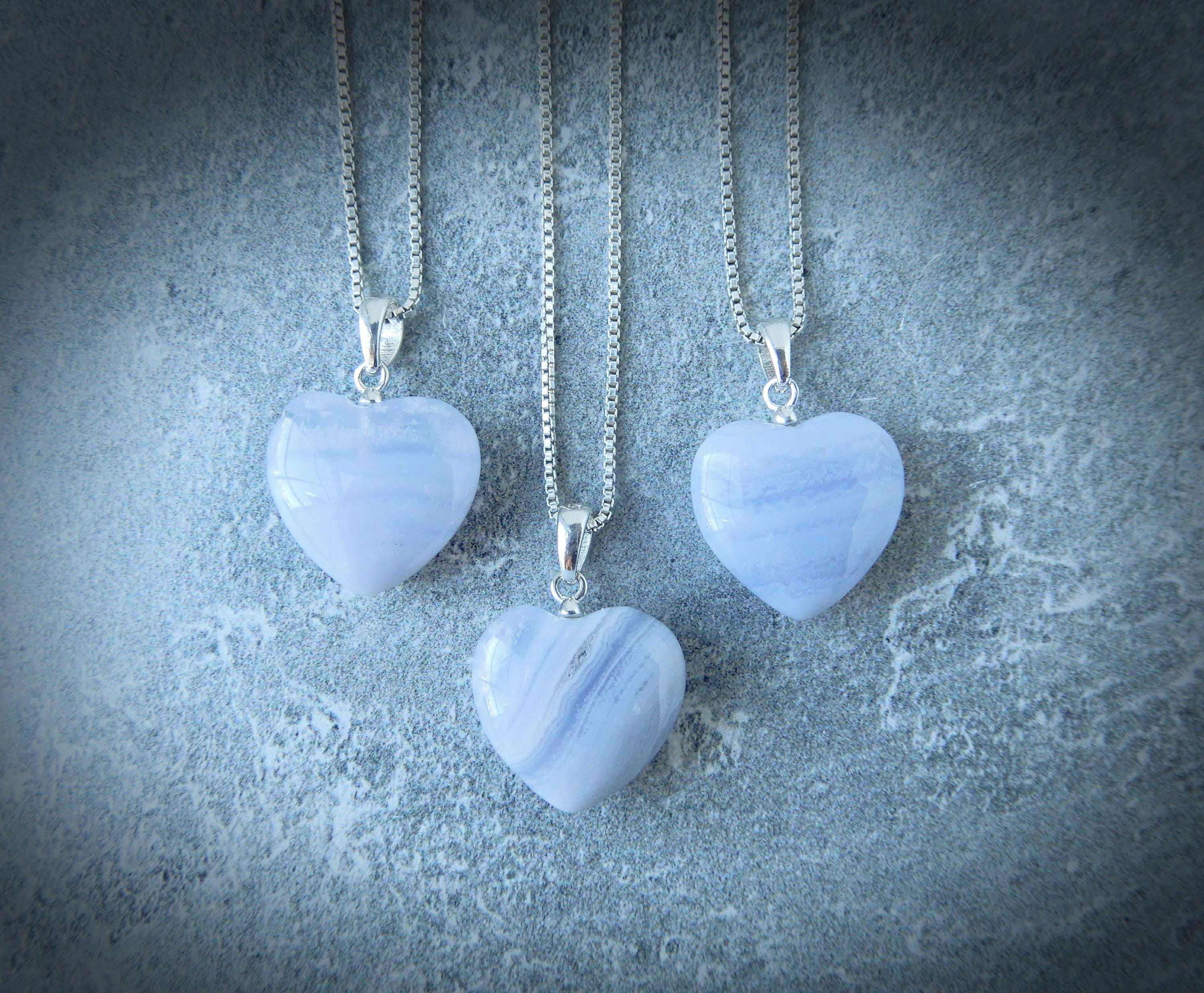 Blue Lace Agate Necklace Sterling Silver • Blue Lace Heart • Genuine Blue Lace Agate Necklace
