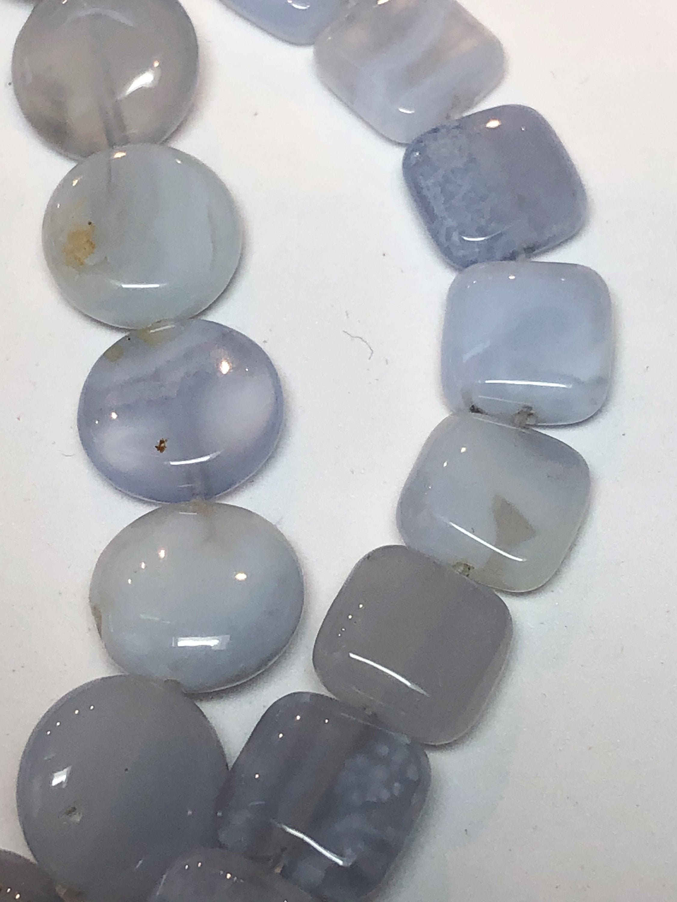 Blue Lace Agate Gemstone Beads Avail. In Two Different Shapes: 12mm Coin And 12mm Square. Natural Pale Blue And White Chalcedony