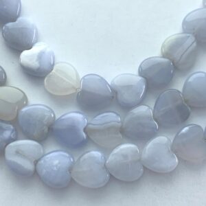 12mm Heart Blue Lace Agate Gemstone Beads. 15” strand of pale blue and white hearts, 37 beads per strand. Natural Blue Chancedony.