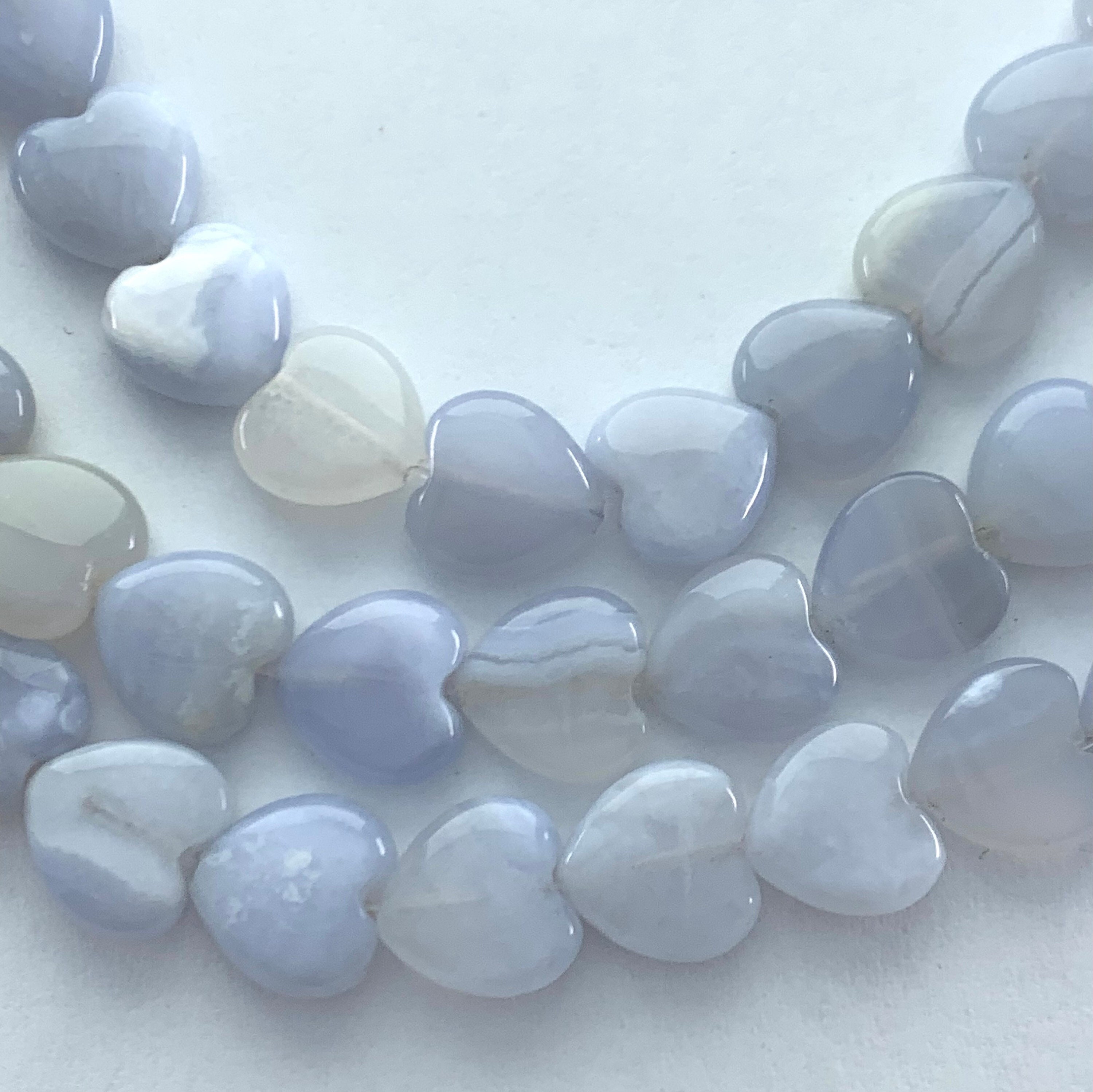 12mm Heart Blue Lace Agate Gemstone Beads. 15” Strand Of Pale Blue And White Hearts, 37 Beads Per Strand. Natural Blue Chancedony.