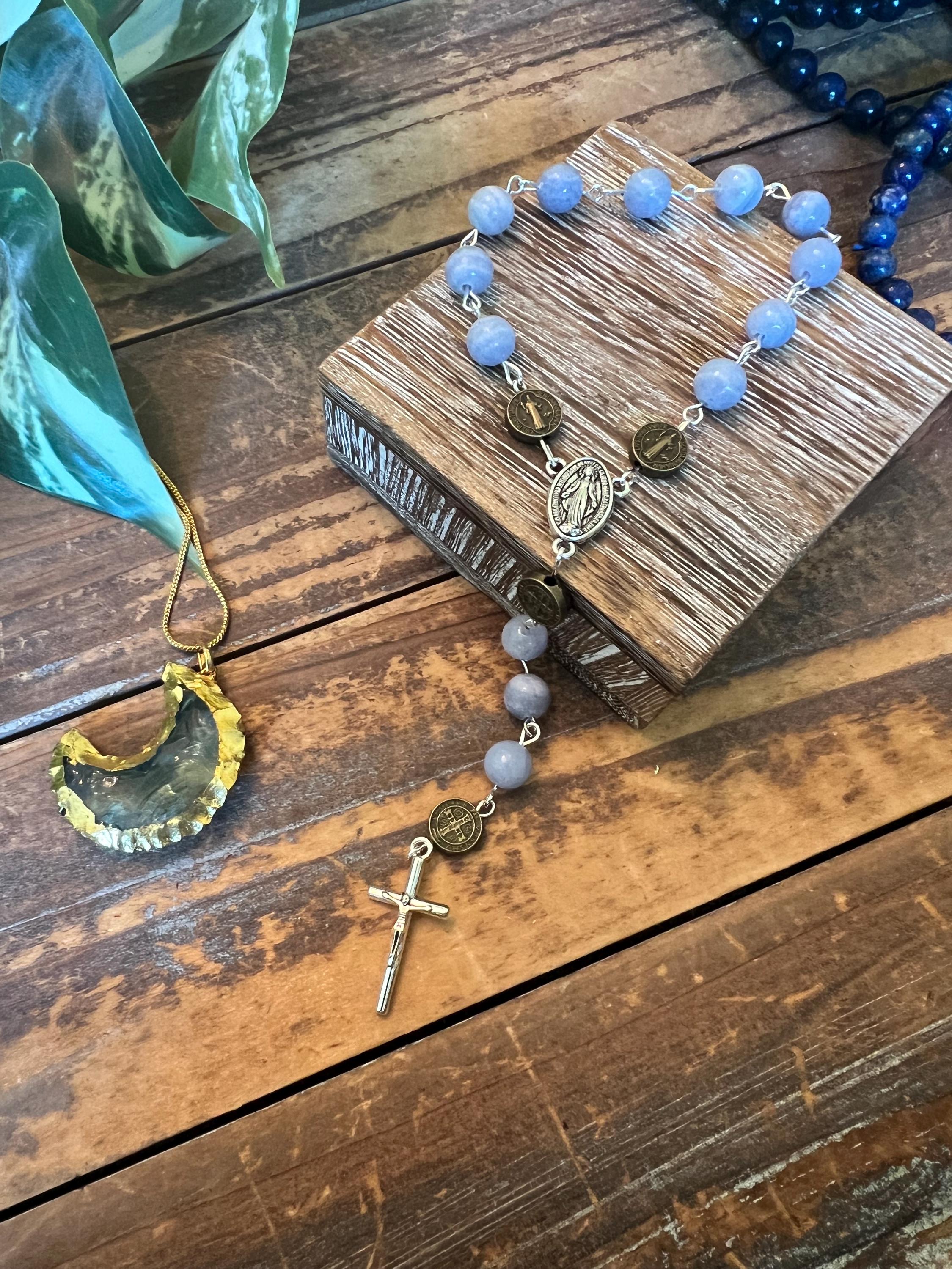 Blue Lace Agate Mini Rosary / Pocket Rosary - Attuned To Mother Mary, Crystals, Prayer Beads