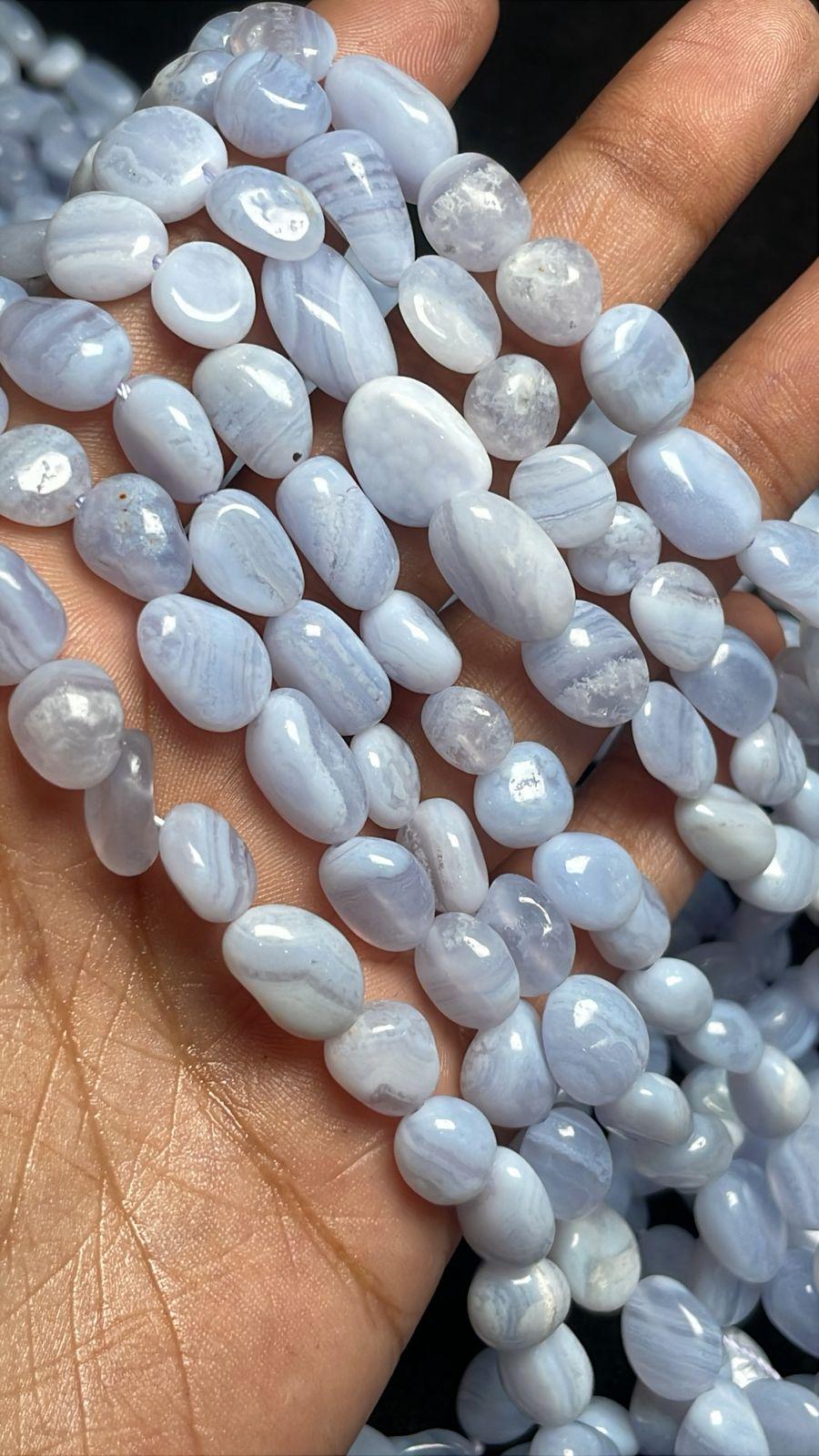 Natural Blue Lace Agate Smooth Tumble Shape Gemstone Beads, 10x9-12x8 Mm Uneven Shape Beads, 15.5 Inch Strand For Making Jewelry & Craft