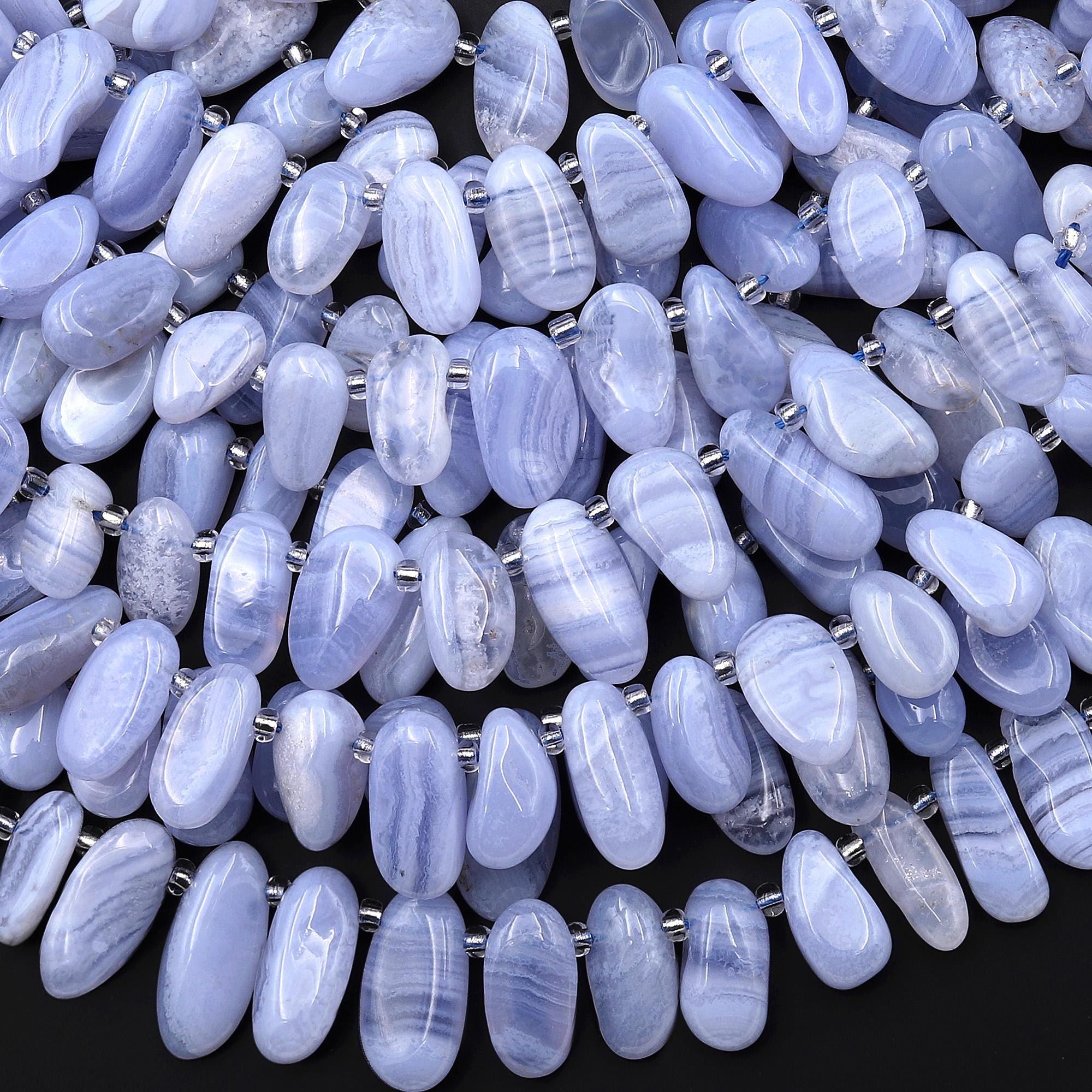 Hand Cut Natural Blue Lace Agate Freeform Oval Drop Beads Top Side Drilled Gemstone 15.5" Strand Hand Cut Natural Blue Lace Agate Freeform Oval Drop Beads Top Side Drilled Gemstone 15.5" Strand