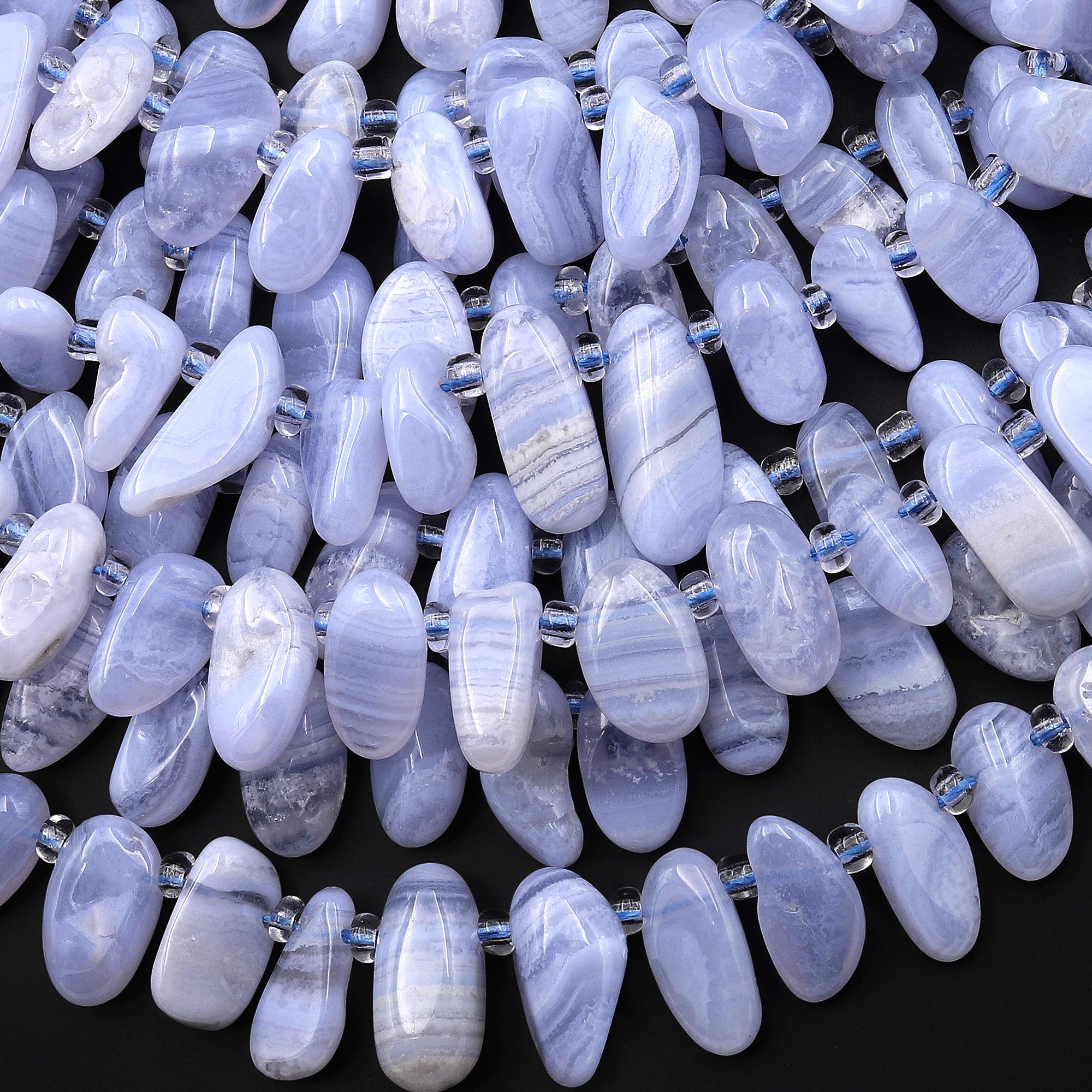Natural Blue Lace Agate Freeform Oval Drop Beads Top Side Drilled Gemstone 15.5" Strand