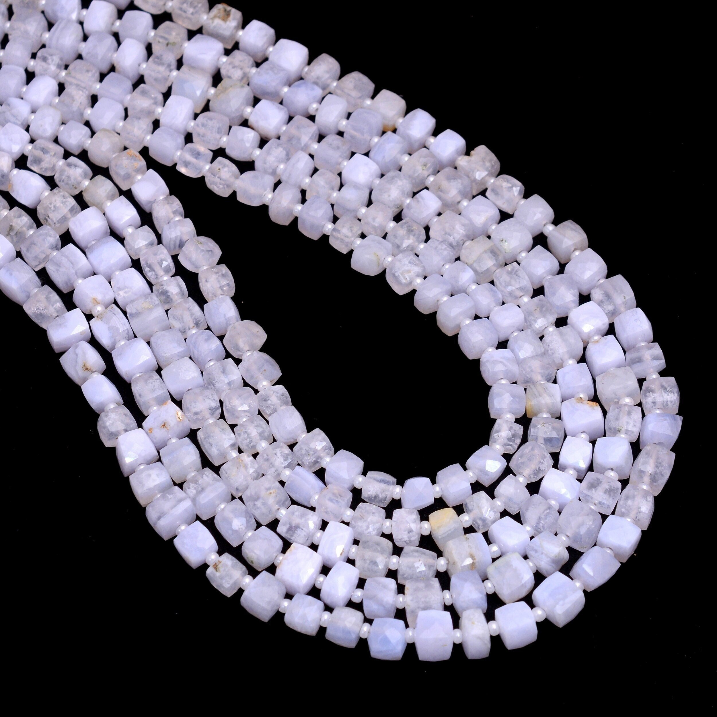 Natural Blue Lace Agate Gemstone 4mm-5mm Cube Faceted Beads | Blue Agate Semi Precious Gemstone Loose 3d Box Briolette Beads | 14inch Strand