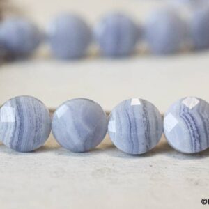 L/ Blue Lace Agate 15mm Faceted Coin Beads 16" Strand Natural Ice Blue Banded Agate Gemstone Beads For Jewelry Making