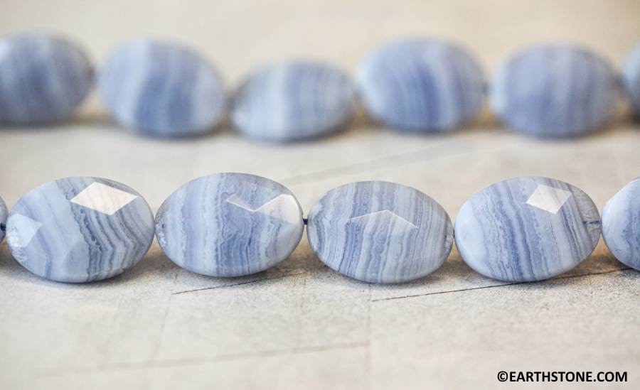 Xl/ Blue Lace Agate 18x25mm Faceted Flat Oval Beads 16" Strand Natural Gemstone For Jewelry Making