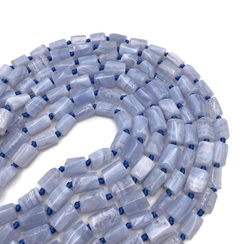 Natural Blue Lace Agate Faceted Cylinder Tube Beads Size 8x12mm 15.5" Strand