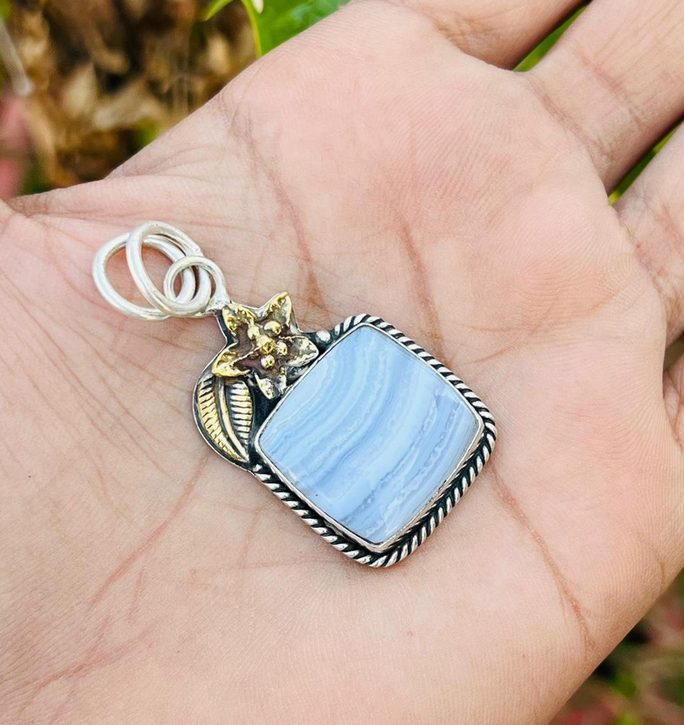 Blue Lace Agate Pendant, 925 Sterling Silver, Women Neckless, Handmade Pendent