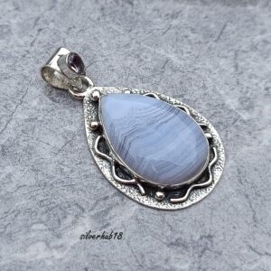 Blue Lace Agate 925 Sterling Silver Pendant Necklace - Boho Charm Blue Lace Agate 925 Sterling Silver Pendant Necklace - Boho Charm